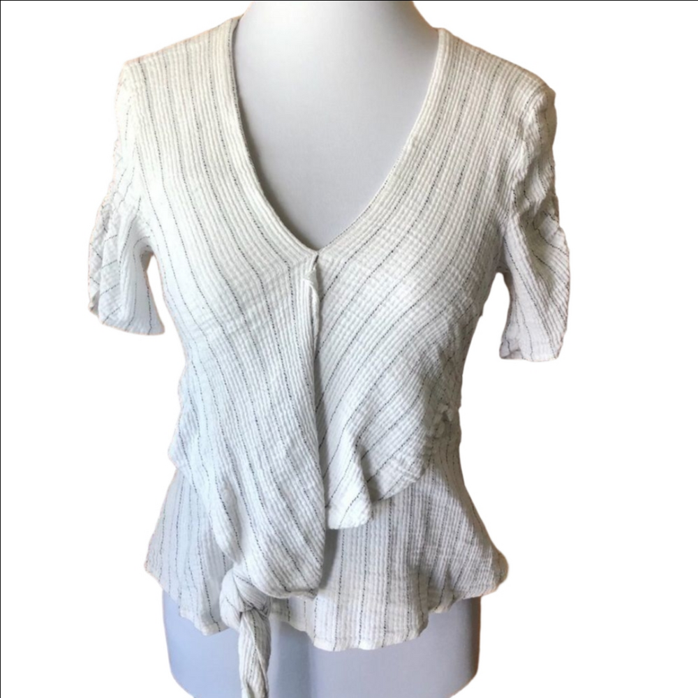 1 State White Black Striped Knot Blouse Medium